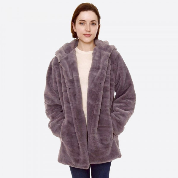 Wholesale hooded faux fur coat crepe satin inside lining Two functional side poc