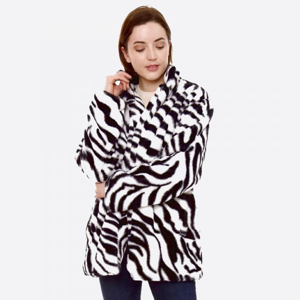 Wholesale faux Fur Zebra Print Coat Pockets One fits most Long Polyester