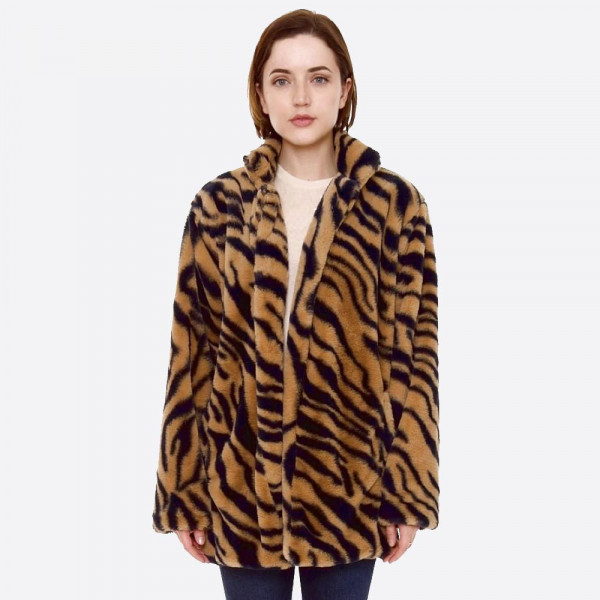 Wholesale faux Fur Zebra Print Coat Pockets One fits most Long Polyester