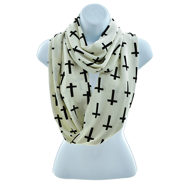 Wholesale thick white polyester blend infinity scarf black cross print