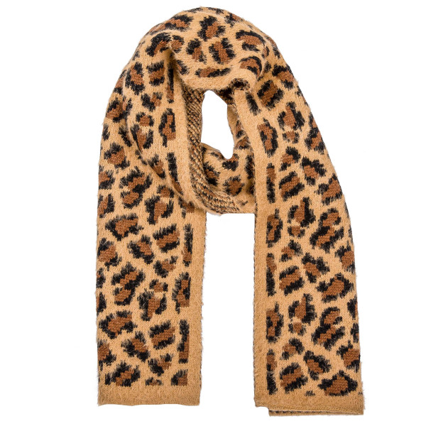 Wholesale leopard print fuzzy knit oblong scarf W L Acrylic Polyester