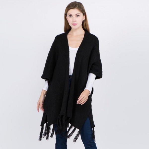 Wholesale oversized soft knit ruana fringes One fits most Polyester