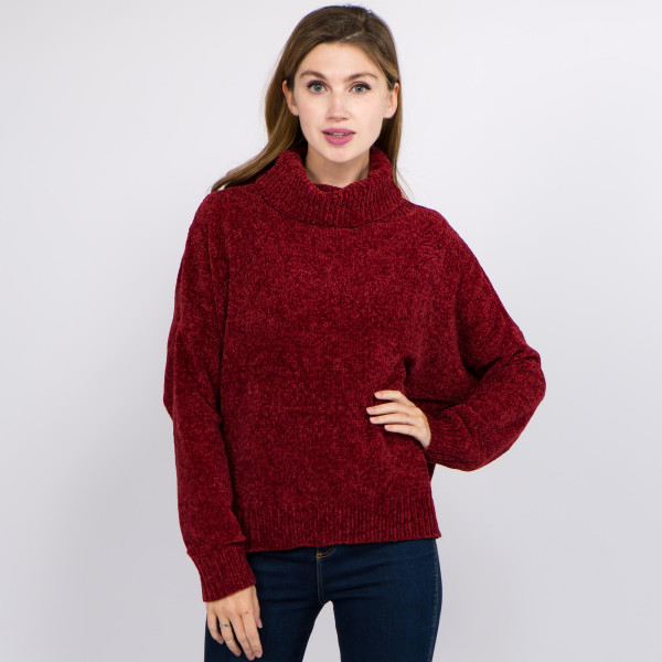 Wholesale solid Chenille Knit Turtleneck Sweater One fits most L Polyester