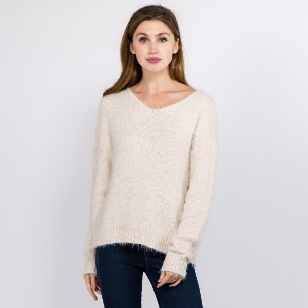 Wholesale solid color soft touch fuzzy chenille knit v neck sweater One fits mos