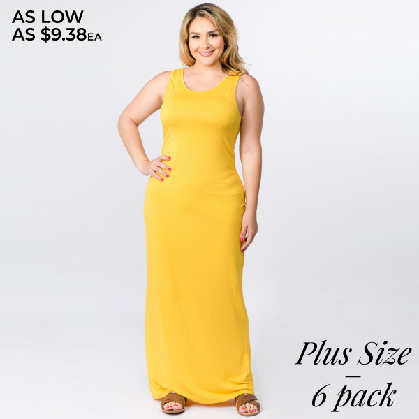 Solid color PLUS size full-length sleeveless maxi dress. Approximately 50" in length. - Pack Breakdown: 6pcs / pack - Sizes: 2-XL / 2-1X / 2-2X - Composition: 95% Rayon, 5% Spandex | 7303102 | Wholesale Fashion Jewelry Solid color PLUS size full-length sleeveless maxi dress. Approximately 50" in length. - Pack Breakdown: 6pcs / pack - Sizes: 2-XL / 2-1X / 2-2X - Composition: 95% Rayon, 5% Spandex | 7303102 | Wholesale Fashion Jewelry