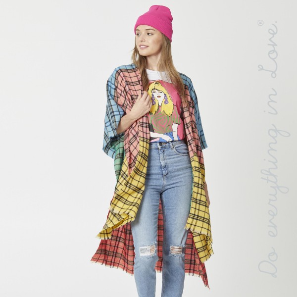 Do everything in Love Brand Lightweight Plaid Print Color Block Kimono.

- One size fits most 0-14
- Approximately 37" L
- 100% Acrylic