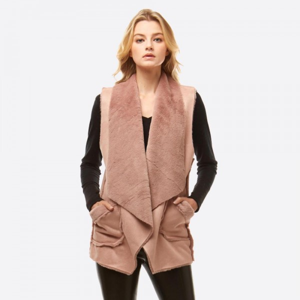 Wholesale faux Fur Lined Suede Vest Pockets One fits most L Polyester