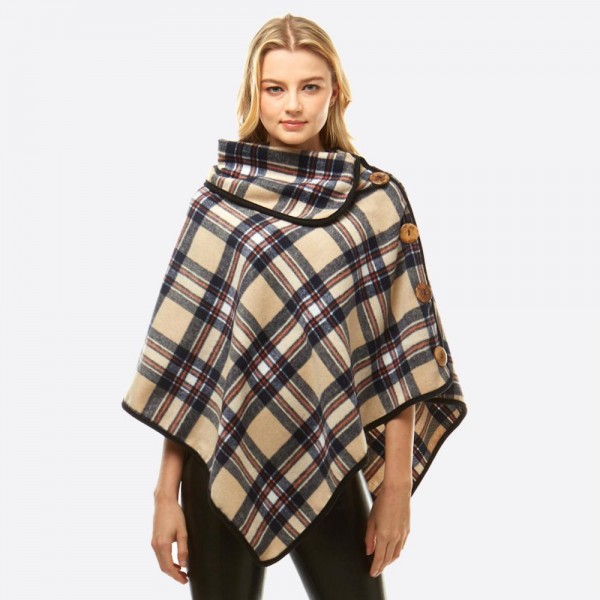 Wholesale plaid print turtleneck poncho snap wood button details One fits most P