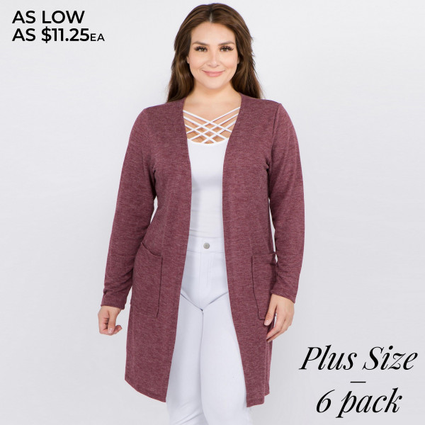 Wholesale women s Plus Thin Knit Cardigan Pockets Pack Long sleeves open front T