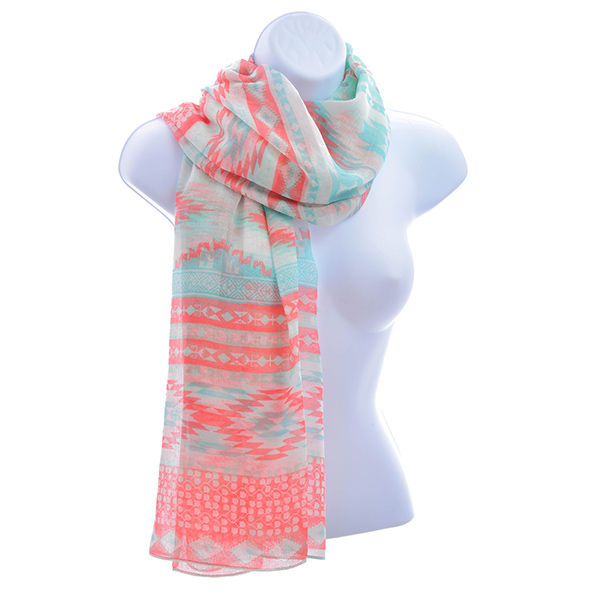 Wholesale try soft white cotton fabric scarf coral mint green aztec print