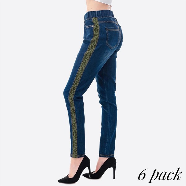 Wholesale stretchy denim green leopard print side stripe jeggings pull front bac