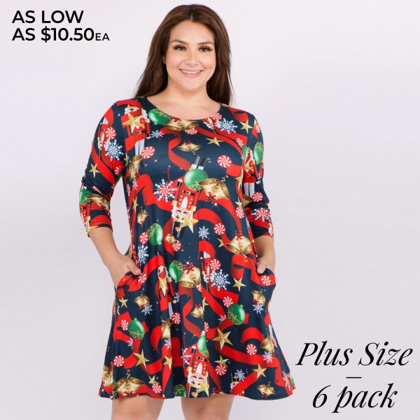 Women's plus size Christmas nutcracker print A-Line dress with pocket details.

• 3/4 length sleeves
• Crew neck
• Two side seam pockets to keep your hands warm
• A-line silhouette
• Nutcracker Christmas print
• Soft and comfortable fabric with stretch
• Perfect for styling with heels or booties
• Imported

- Pack Breakdown: 6pcs / pack
- Sizes: 2-XL / 2-2XL / 2-3XL
- Approximately 34" L
- 95% Polyester, 5% Spandex