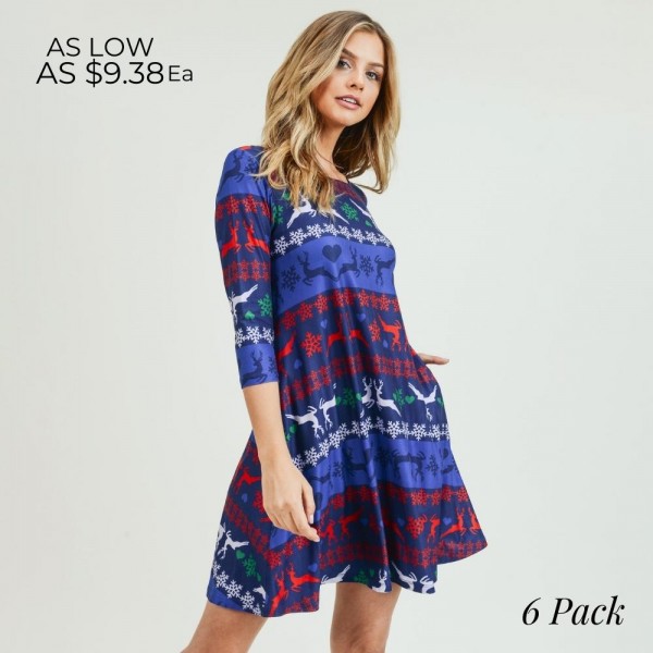 Wholesale women s Christmas fair isle reindeer print Line dress pocket details o