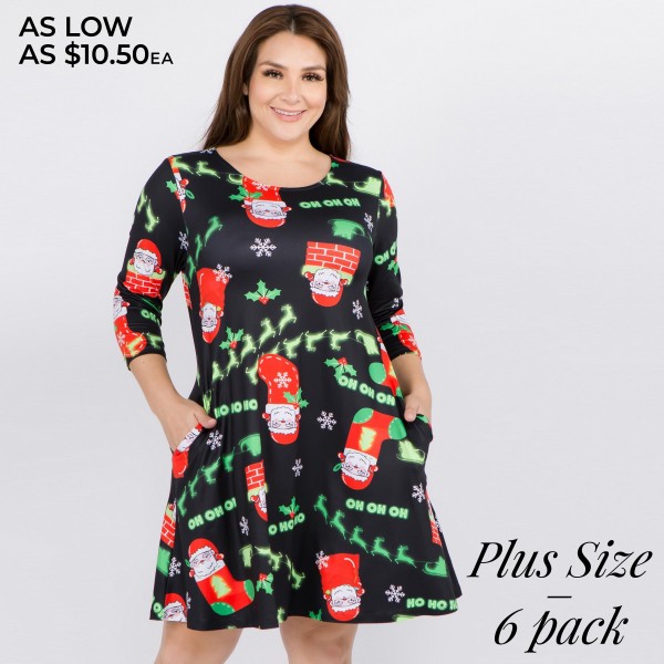 Wholesale women s Plus Sleeve Christmas Print Dress Pockets Pack o sleeves o Cre