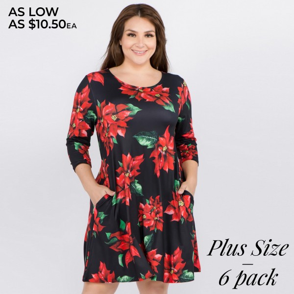 Wholesale women s plus Christmas poinsettia flower print Line dress pocket detai
