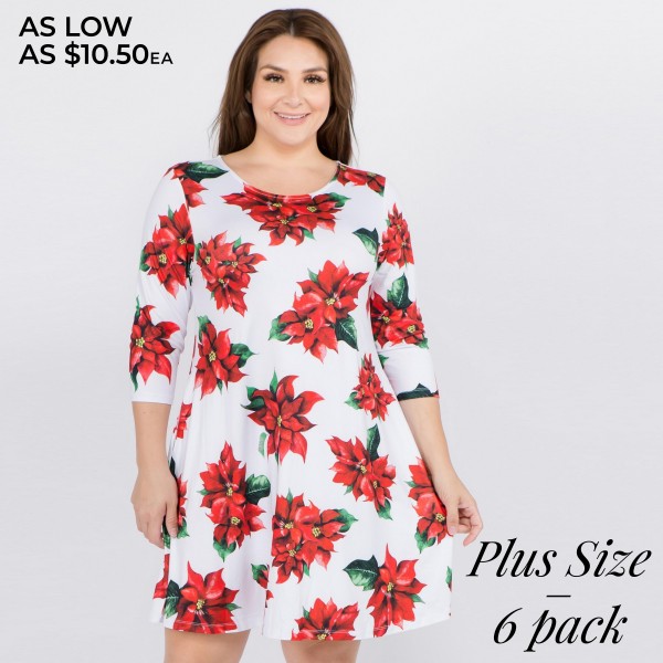 Women's plus size Christmas poinsettia flower print A-Line dress with pocket details.

• 3/4 length sleeves
• Crew neck
• Two side seam pockets to keep your hands warm
• A-line silhouette
• Poinsettia flower print
• Soft and comfortable fabric with stretch
• Perfect for styling with heels or booties
• Imported

- Pack Breakdown: 6pcs / pack
- Sizes: 2-XL / 2-2XL / 2-3XL
- Approximately 34" L
- 95% Polyester, 5% Spandex