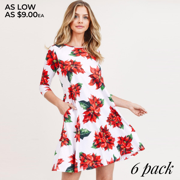 Wholesale women s Christmas poinsettia flower print Line dress pocket details o