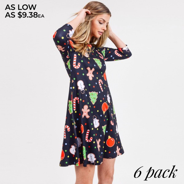 Women's gingerbread Christmas print A line dress with pocket details. 3/4 length sleeves Crew neck Two side seam pockets to keep your hands warm A-line silhouette Gingerbread Women's gingerbread Christmas print A line dress with pocket details. 3/4 length sleeves Crew neck Two side seam pockets to keep your hands warm A-line silhouette Gingerbread