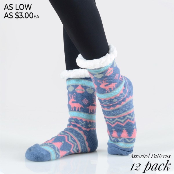 Wholesale women s Christmas assorted reindeer faux sherpa lined slipper socks o