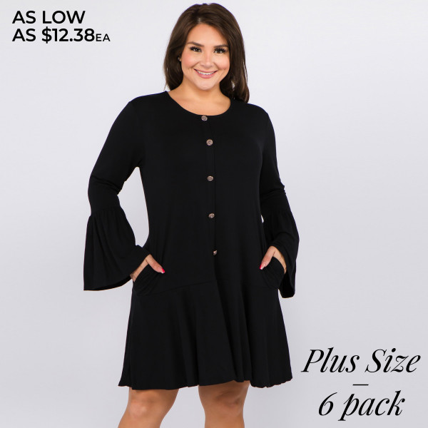 Wholesale women s Plus Solid Color Button Down Ruffle Hem Tunic Dress PACK Round