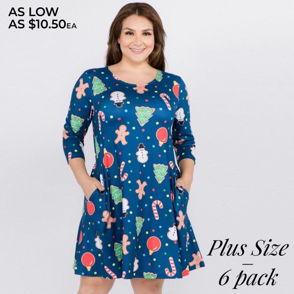Women's plus size gingerbread Christmas print A line dress with pocket details. 3/4 length sleeves Crew neck Two side seam pockets to keep your hands warm A-line silhouette Women's plus size gingerbread Christmas print A line dress with pocket details. 3/4 length sleeves Crew neck Two side seam pockets to keep your hands warm A-line silhouette