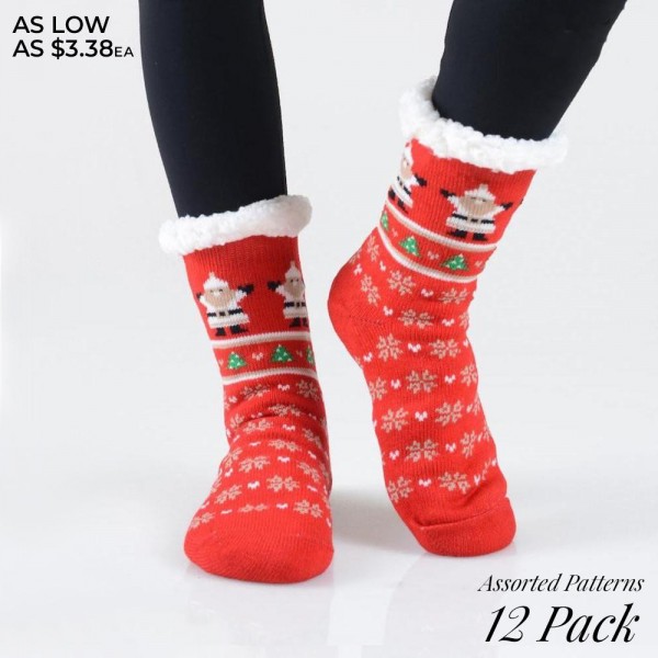 Women's Assorted Christmas Print Sherpa Socks. (12 Pack)

ï¿½ Variety of Christmas patterns 
ï¿½ Reinforced toe seam 
ï¿½ Silicon rubber dot traction bottom 
ï¿½ Plush faux sherpa lining 
ï¿½ Thick 
ï¿½ Breathable 
ï¿½ Perfect for wearing indoors 
ï¿½ Imported 

- 10 Pair of Socks Per Pack
- Size: Adult 9-11
- 40% Acrylic / 60% Polyester