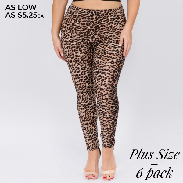 Women's Plus Size Classic Cheetah Print Leggings. (6 Pack)

• Long, skinny leg design
• High rise
• Elasticized waistband
• Classic Cheetah Print
• Pull-on styling
• Super soft peach skin fabric with stretch
• Full length
• Fits like a glove
• Hand Wash Cold. Do not bleach. Hang Dry
• Imported

- Pack Breakdown: 6pcs/pack
- Size: One size fits most 16-22
- Inseam approximately 28" L
- 95% Polyester / 5% Spandex