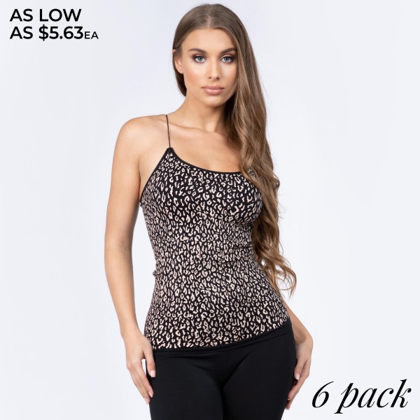 Women's Seamless Leopard Print Camisole.

• Soft and comfortable thin straps
• Leopard pattern throughout
• Long length hem
• Fits like a glove
• Seamless design for comfort
• Smooth and stretchy fabric
• Perfect for layering under semi-sheer style or by itself
• Imported

- Pack Breakdown: 6pcs/pack
- One size fits most 0-14
- Approximately 20" in length
- 92% Nylon / 8% Spandex