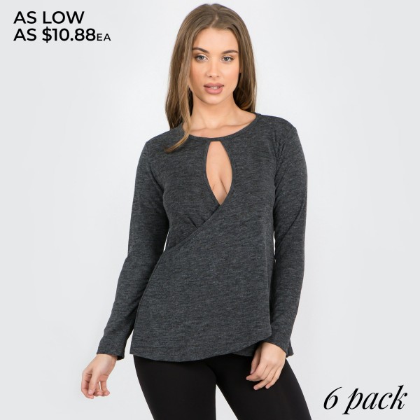 Wholesale women s solid color long sleeve loose fitting surplice hem sweater top