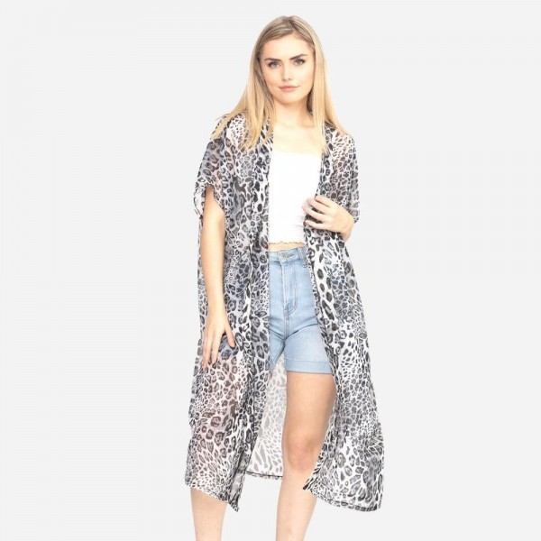 Women's Lightweight Grey Leopard Print Maxi Kimono.

- One size fits most 0-14
- Approximately 41" L
- 100% Polyester