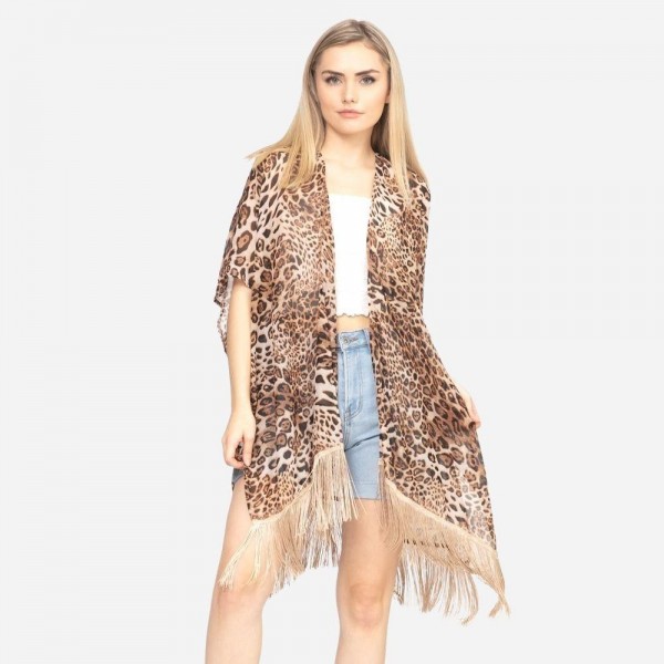 Women's Lightweight Leopard Print Fringe Tassel Kimono.

- One size fits most 0-14
- Approximately 37" L
- 100% Polyester