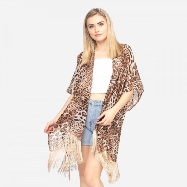 Women's Lightweight Leopard Print Fringe Tassel Kimono.

- One size fits most 0-14
- Approximately 37" L
- 100% Polyester