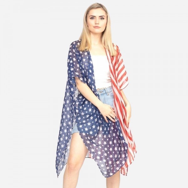 Wholesale women s lightweight sheer half half patriotic kimono One fits most L P