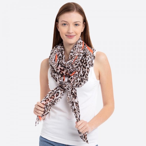 Women's lightweight leopard print color stripe scarf.

- Approximately 35" W x 72" L
- 100% Polyester