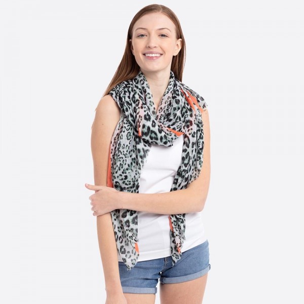 Women's lightweight leopard print color stripe scarf.

- Approximately 35" W x 72" L
- 100% Polyester