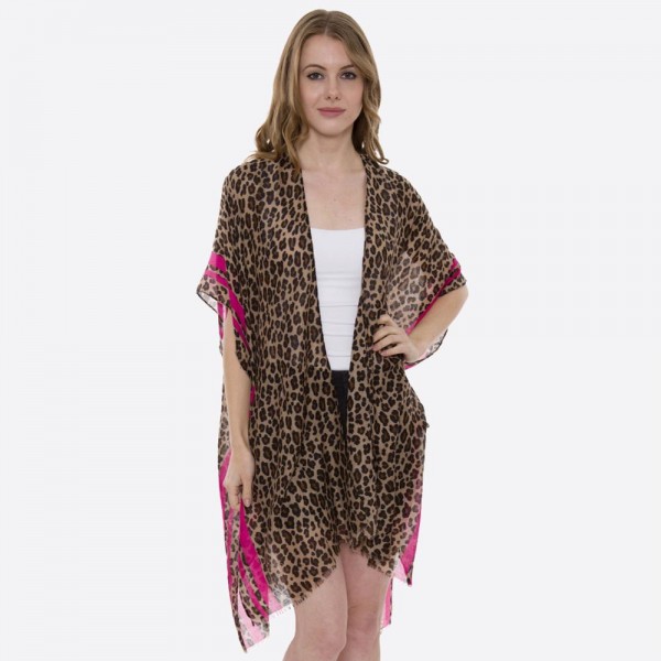 Women's Lightweight Sheer Leopard Print Stripe Kimono.

- One size fits most 0-14
- Approximately 35" L
- 80% Viscose / 20% Cotton 