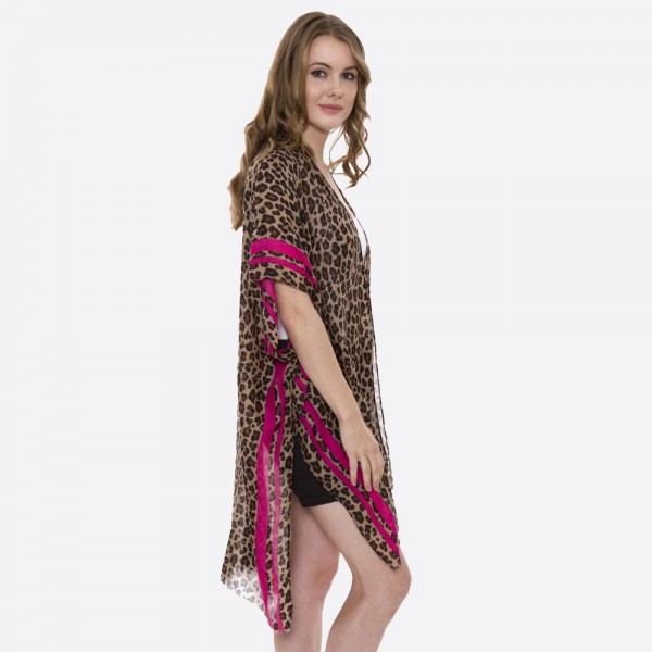 Women's Lightweight Sheer Leopard Print Stripe Kimono.

- One size fits most 0-14
- Approximately 35" L
- 80% Viscose / 20% Cotton 