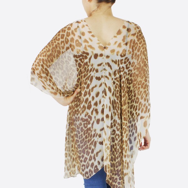 Women's Lightweight Sheer Leopard Print Button Down Cover Up Top.

- Front and back button down 
- One size fits most 0-14
- Approximately 30" L
- 100% Polyester