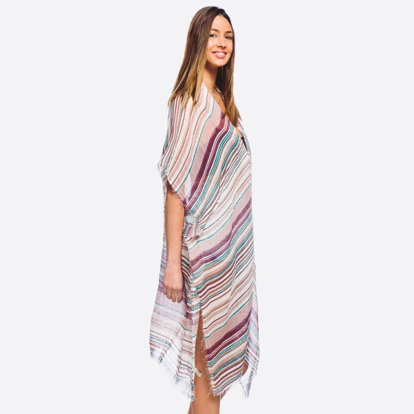 Wholesale women s lightweight striped kimono frayed edges One fits most L Polyes