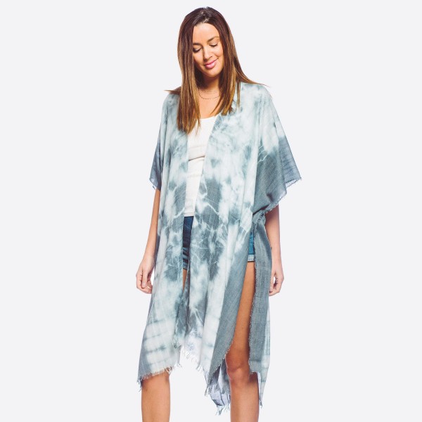 Women's Lightweight Maxi Tie-Dye Kimono.

- One size fits most 0-14
- Approximately 40" L
- 20% Viscose, 80% Polyester