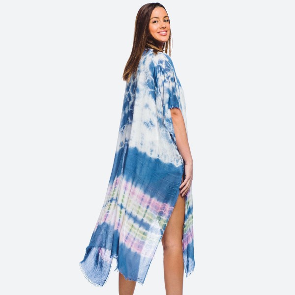 Women's lightweight tie-dye maxi kimono with fringes.

- One size fits most 0-14
- Approximately 40" L
- 100% Viscose
