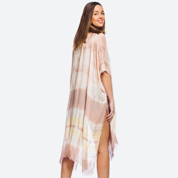 Women's lightweight tie-dye maxi kimono with fringes.

- One size fits most 0-14
- Approximately 40" L
- 100% Viscose