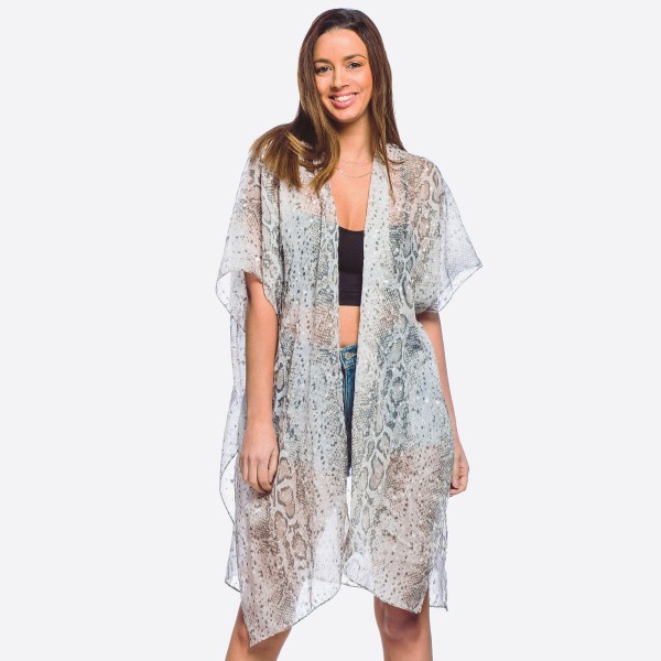 Wholesale women s lightweight sheer snakeskin kimono silver metallic accents One