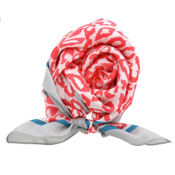 Women's lightweight silky leopard print color bordered bandana scarf.

- Approximately 28" x 28" 
- 100% Polyester