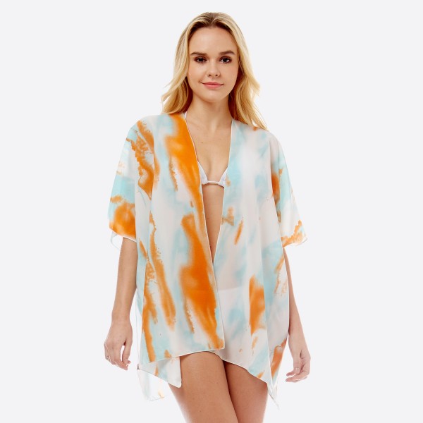 Women's Lightweight Watercolor Tie-Dye Kimono.

- One size fits most 0-14
- Approximately 29" L
- 100% Polyester
