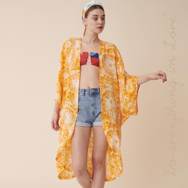 Do everything in Love brand women's lightweight tie-dye print maxi kimono.

- One size fits most 0-14
- Approximately 43" L
- 100% Polyester