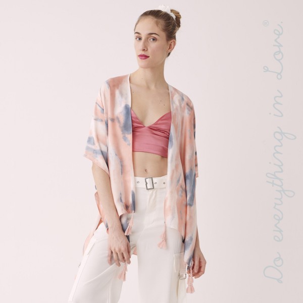 Do everything you Love Brand Short Lightweight Satin Tie-Dye Kimono.

- One size fits most 0-14
- Approximately 29" L
- 100% Polyester