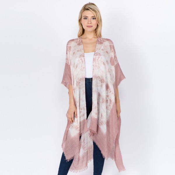 Women's Lightweight Tie-Dye Frayed Kimono.

- One size fits most 0-14
- Approximately 40" L
- 100% Viscose
