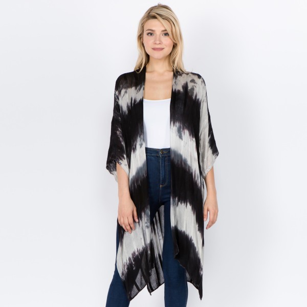 Women's Lightweight Tie-Dye Sheer Stripe Kimono with Side Slit Details.

- One size fits most 0-14
- Approximately 40" L
- 100% Viscose