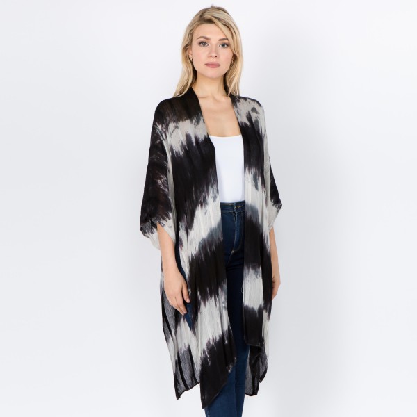 Women's Lightweight Tie-Dye Sheer Stripe Kimono with Side Slit Details.

- One size fits most 0-14
- Approximately 40" L
- 100% Viscose